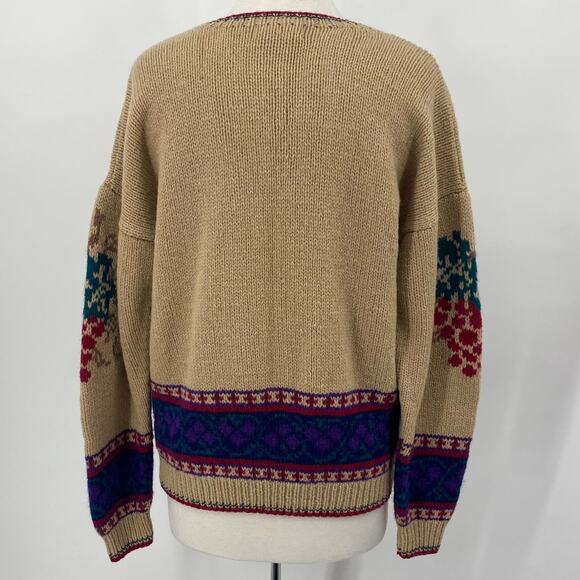 Vintage SKYR Shetland Wool Sweater Crewneck Pullover Grapes Pattern Tan Womens M - Picture 6 of 8
